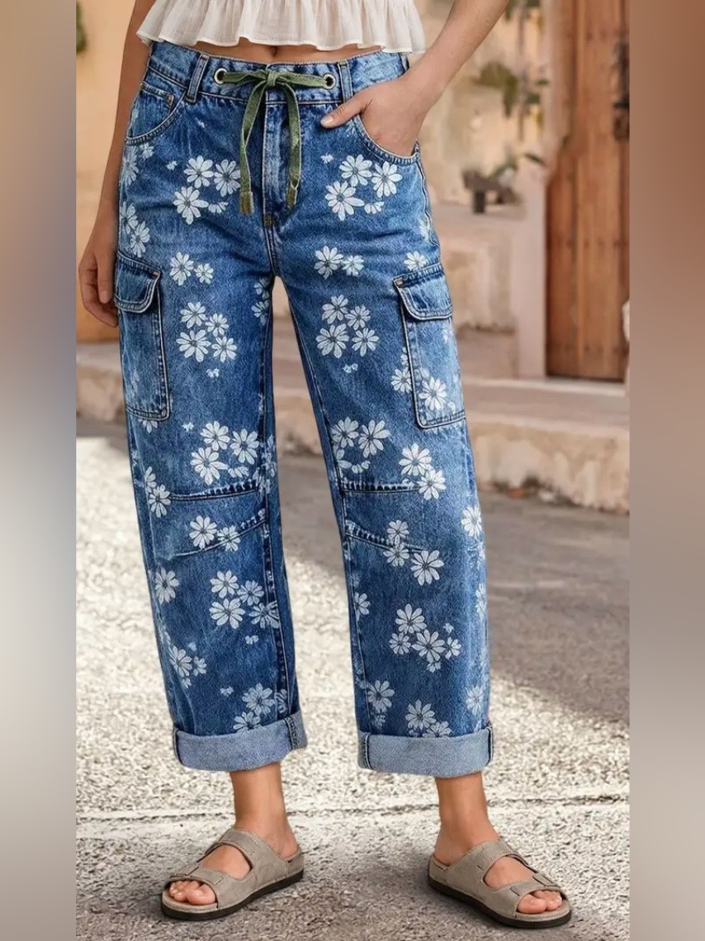 Flamingals Floral Print Roll Hem Drawstring High Waist Barrel Leg Crop Jeans